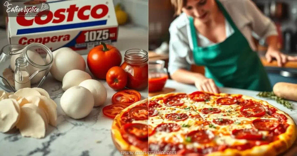 Eat Every Slice Costco pepperoni pizza ingredients laid out on a kitchen counter