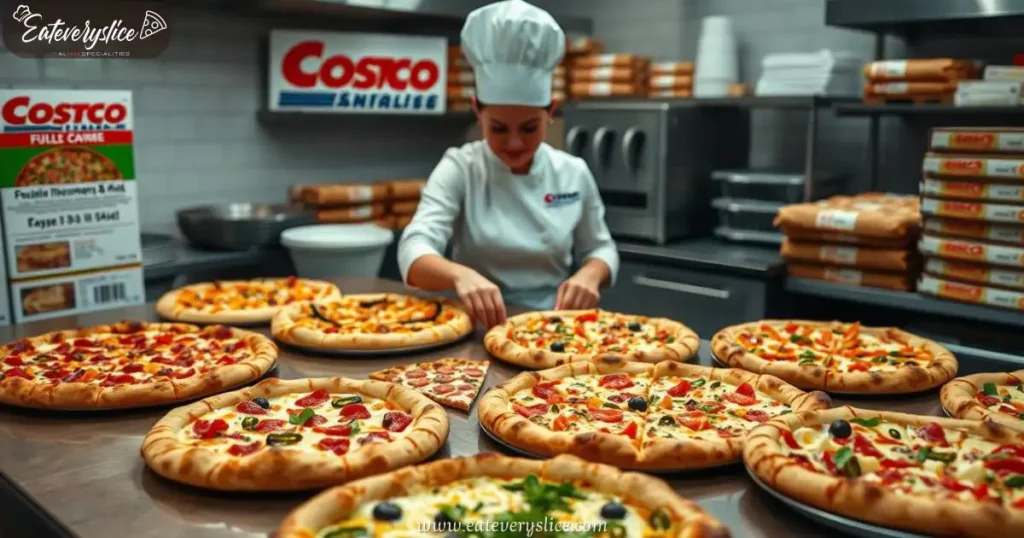 Eat Every Slice Costco pizza, each labeled with calorie counts