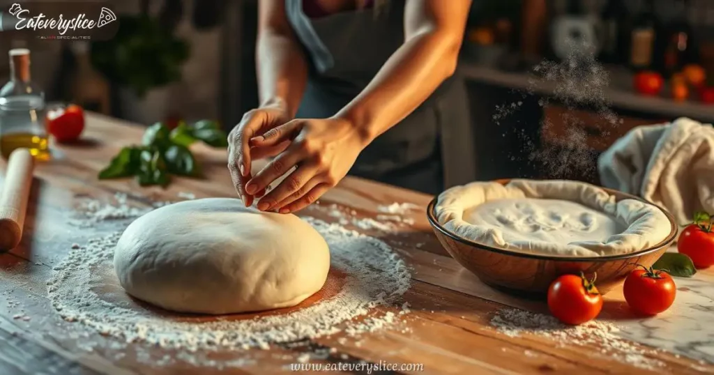 Eat Every Slice elastic pizza dough being kneaded