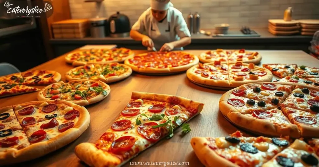 Eat Every Slice surrounded by slices of different pizzas from various pizzerias