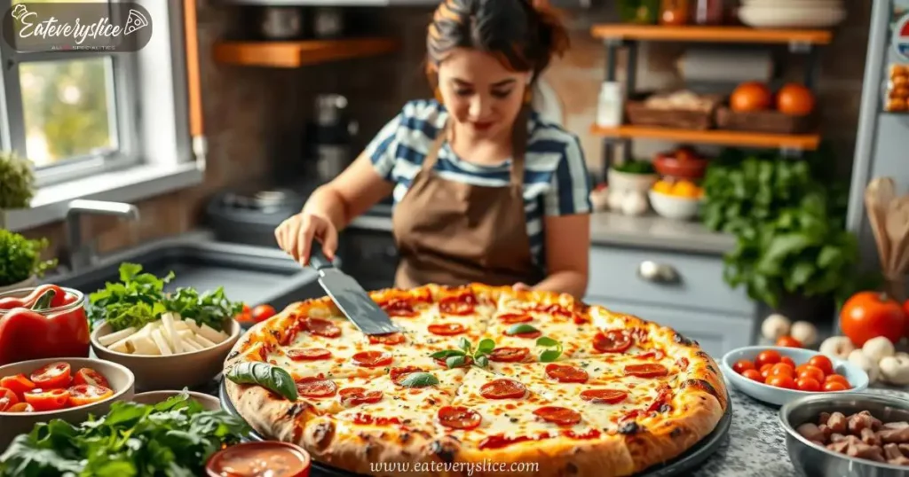 Eat Every Slice woman expertly preparing a large Costco pizza