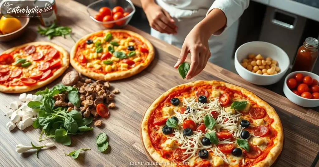 Eat Every Slice array of Costco pizza toppings including pepperoni, mushrooms