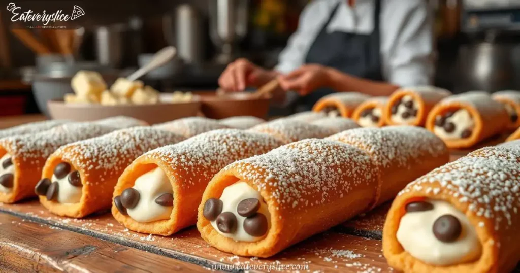 Eat Every Slice Delicious canoli cookies arranged on a rustic wooden table