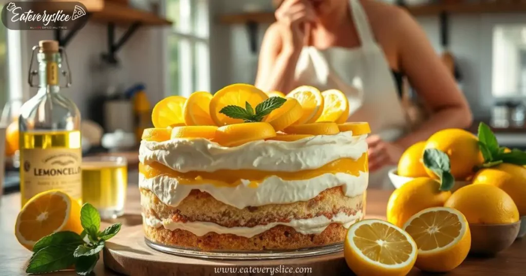 inviting kitchen scene featuring a decadent lemon tiramisu layered with creamy mascarpone and zesty lemon curd