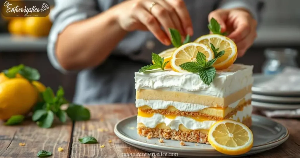 A beautifully presented lemon tiramisu with layers of creamy mascarpone infused with lemon zest