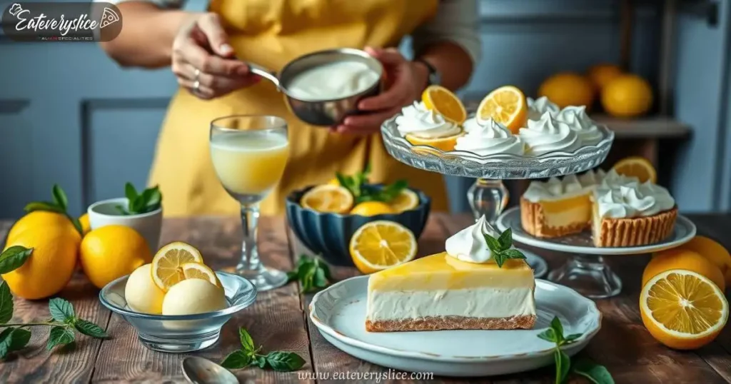 Citrus dessert spread featuring an array of lemon-infused treats, including limoncello sorbet, lemon tart