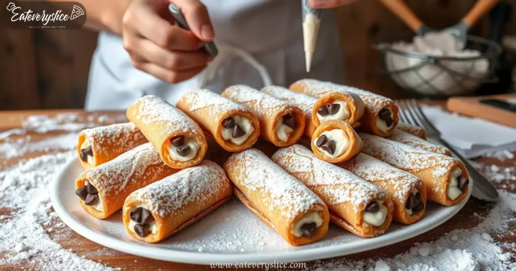 Eat Every Slice beautifully arranged plate of freshly made cannoli cookies, dusted with powdered sugar