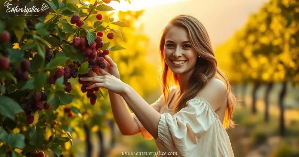 beautiful woman with a warm smile, gently picking ripe berries from a lush tree in an idyllic orchard