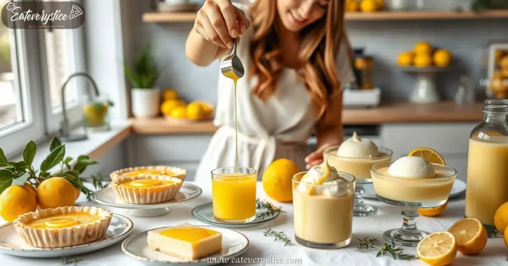 A beautifully arranged table with an array of homemade limoncello desserts, featuring lemon tarts, creamy limoncello panna cotta