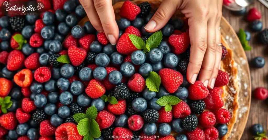 A large, colorful assortment of fresh, ripe berries filling the frame, arranged in an artistic, visually appealing manner