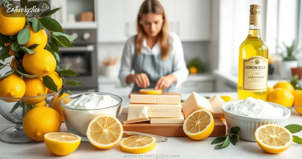 flat lay of lemon tiramisu ingredients, featuring fresh lemons, ladyfinger biscuits