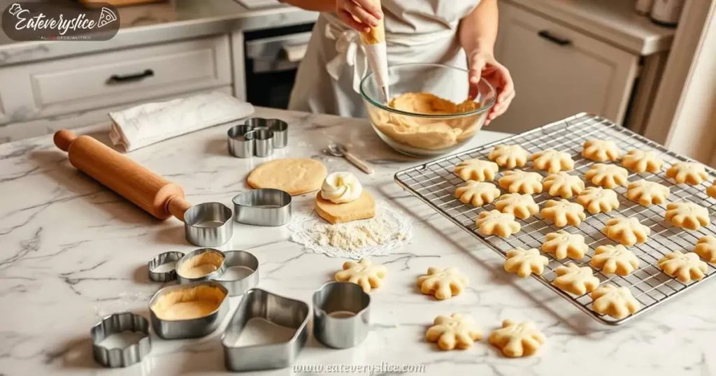 Eat Every Slice marble countertop with various baking tools for making cannoli cookies