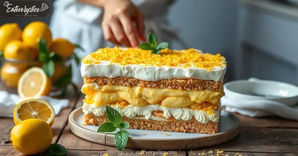 Beautifully layered limoncello tiramisu, featuring vibrant lemon zest and creamy mascarpone