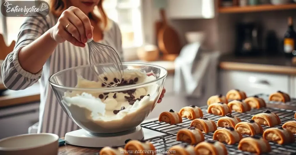 Eat Every Slice woman baking cannoli cookies, showing a mixing bowl filled with creamy ricotta and chocolate chips