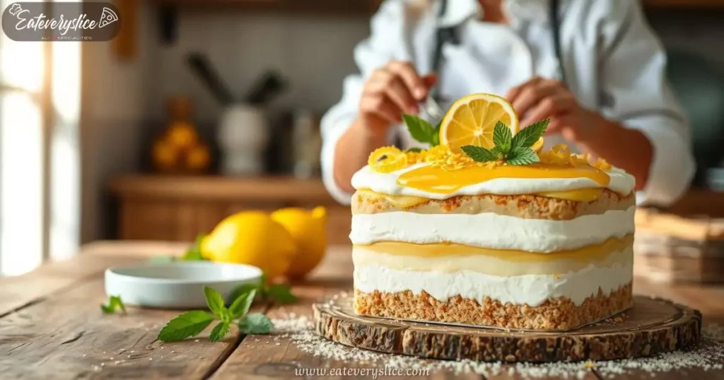 beautifully arranged lemon tiramisu, layers of creamy mascarpone and lemon curd, adorned with lemon zest