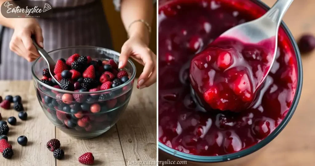 glass bowl filled with a thick, glossy berry compote, made with a variety of seasonal berries