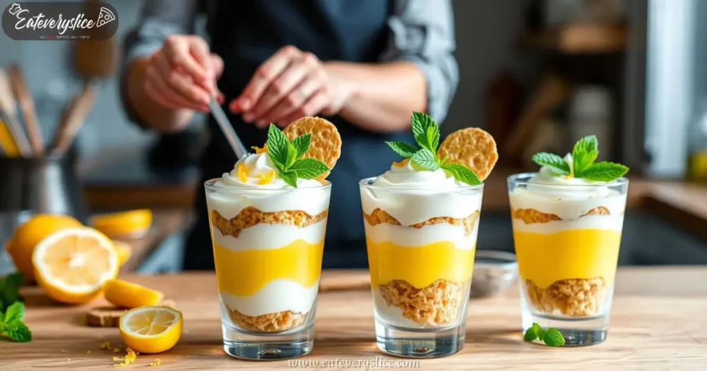 Layered limoncello parfait in a clear glass, featuring lemon curd, whipped cream