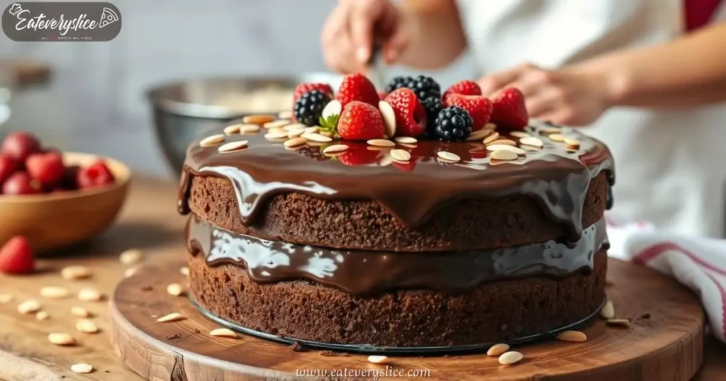 beautifully styled gluten-free Italian cake, rich chocolate and almond layers, topped with a glossy chocolate glaze