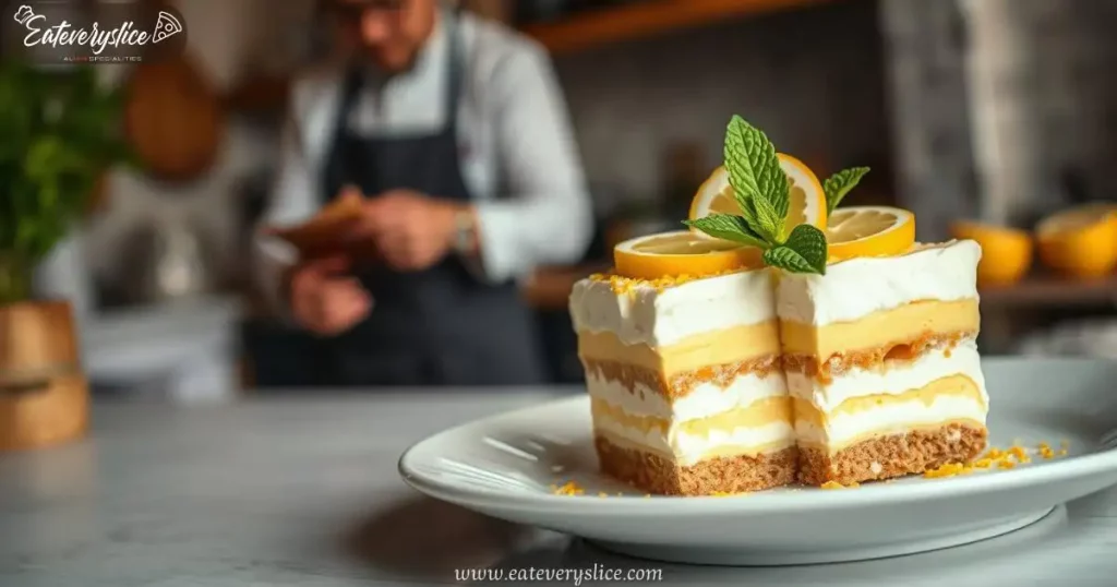 lemon tiramisu dessert arranged on a delicate white plate, layers of creamy mascarpone and lemon zest