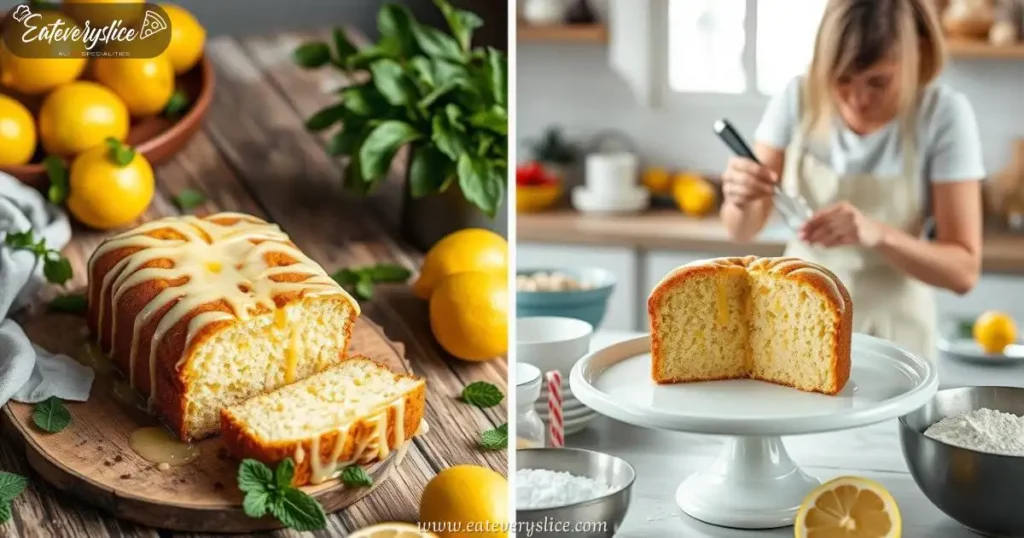 Limoncello pound cake on a rustic wooden table, drizzled with a glossy citrus glaze