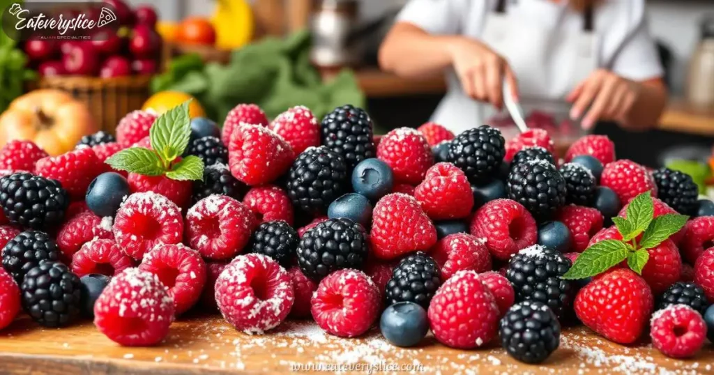 vibrant mixed berries - raspberries, blackberries, blueberries - cascading over a rustic wooden surface