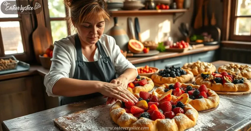 Chef preparing traditional Italian crostata with fresh berries in a rustic kitchen