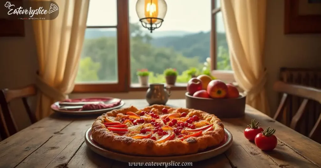 Rustic Italian crostata with apple slices and marmellata filling on a wooden table, surrounded by warm Tuscan hills and soft light, capturing traditional Italian baking.