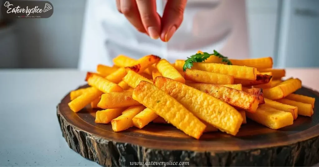 Crisp, golden baked polenta fries with a slight crunch, arranged on a rustic wooden board. A chef’s hands sprinkle fresh parsley over the fries, with a cozy kitchen setting in the background.