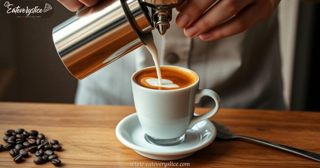 A skilled barista carefully steaming and pouring milk into a white ceramic cup, creating a classic macchiato with rich brown espresso and velvety crema, set on a wooden counter.