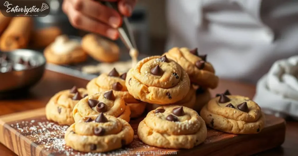 Homemade cannoli chocolate chip cookies on a wooden cutting board, dusted with powdered sugar, with a chef piping cannoli filling in the background.