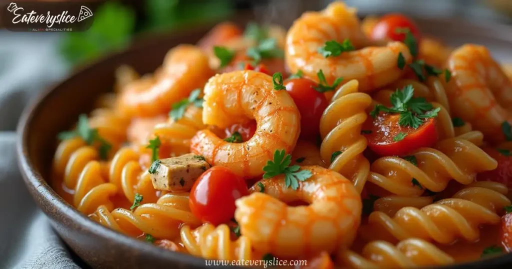 Close-up of a steaming bowl of Cajun chicken and shrimp pasta with creamy sauce, diced tomatoes, bell peppers, and fresh parsley garnish.