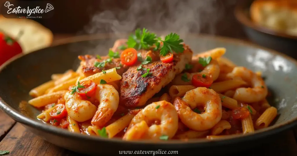 A steaming plate of Cajun Chicken and Shrimp Pasta on a rustic wooden table, with blackened chicken thighs, shrimp, creamy sauce, and fresh ingredients.