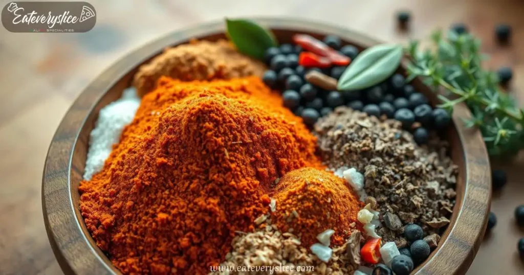 High-angle shot of Cajun spices and herbs in a rustic wooden bowl, including cayenne pepper, paprika, garlic powder, and thyme