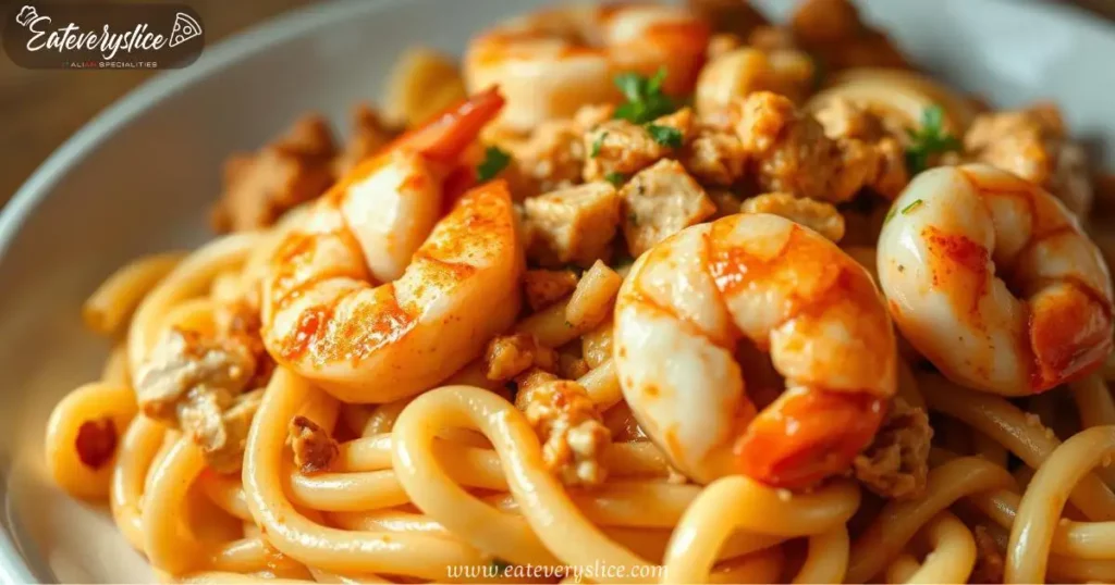 Close-up of Cajun-style pasta with fusilli, sautéed chicken, shrimp, and creamy Cajun sauce, arranged artfully with natural lighting.