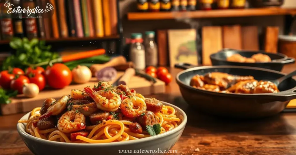 A steaming bowl of Cajun-style pasta with shrimp, sausage, bell peppers, and creamy sauce, set in a rustic kitchen with fresh ingredients and spices.