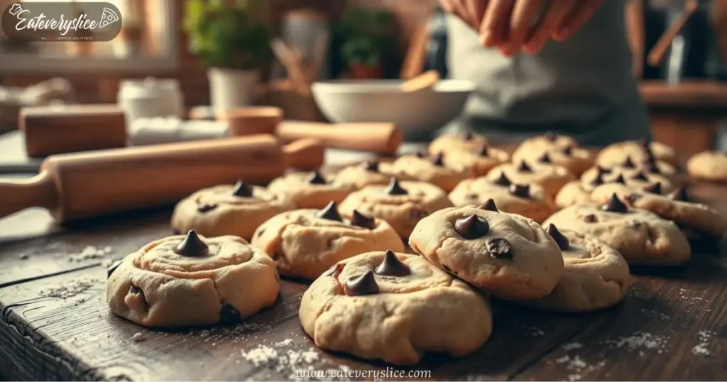 Close-up of golden-brown cannoli chocolate chip cookies on a rustic wooden surface, with a chef’s hands arranging them, surrounded by baking tools in a cozy kitchen.