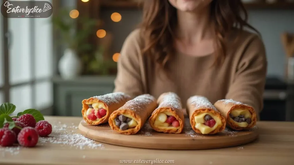 Golden-brown cannoli cookies filled with sweet ricotta and chocolate chips, dusted with powdered sugar, featured on Eat Every Slice.