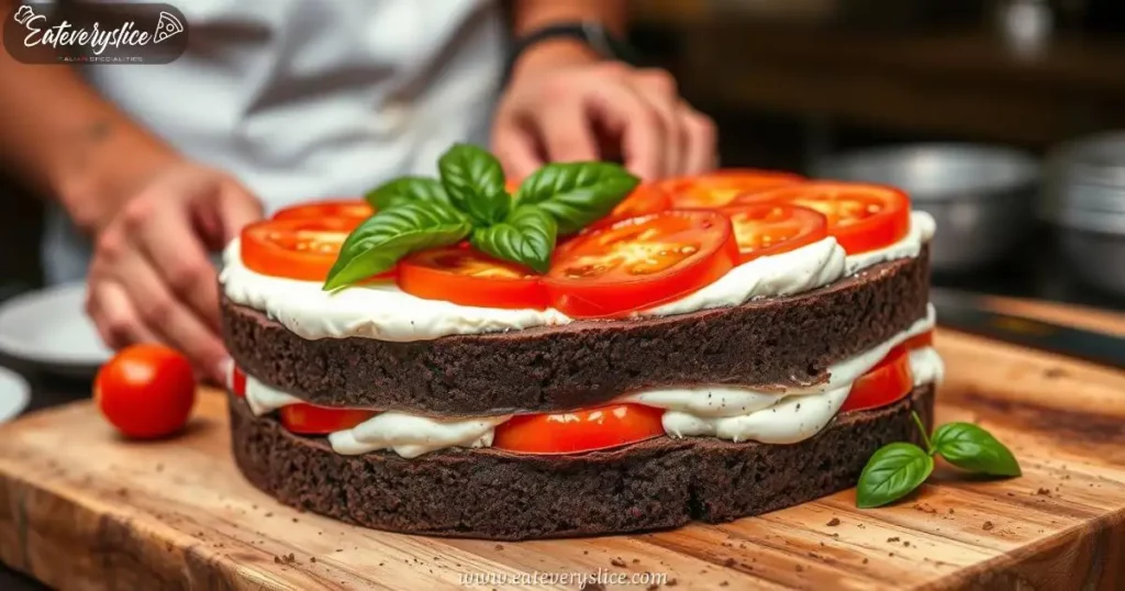 A unique homemade Caprese Torta, featuring layers of moist chocolate sponge, creamy mascarpone, and vibrant ripe tomato slices, carefully arranged on a rustic wooden cutting board.