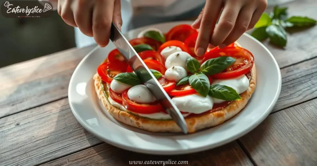 A beautifully plated Caprese Torta on a pristine white ceramic plate, featuring fresh mozzarella pearls, ripe tomato slices, and fragrant basil leaves, as a chef’s hands carefully slice through the layers.