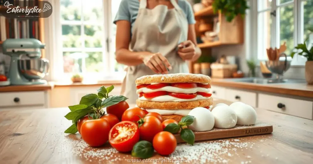 A sunlit kitchen with a wooden table featuring fresh ingredients for an authentic Caprese Torta—plump tomatoes, fragrant basil leaves, creamy mozzarella, and a dusting of fine powdered sugar. A woman in a linen apron carefully assembles the dish.