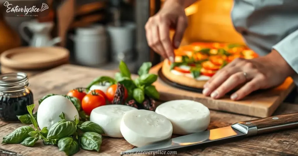 A rustic wooden table with Caprese Torta essentials: fresh mozzarella, basil leaves, sun-dried tomatoes, balsamic glaze, and a chef’s knife, with a torta baking in the oven in the background.