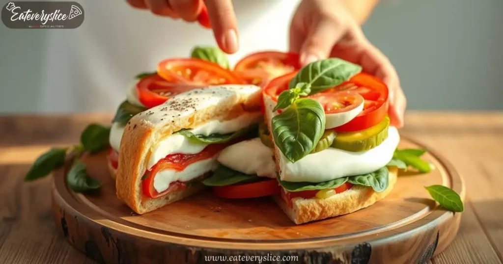 A beautifully layered Caprese Torta with fresh mozzarella, juicy tomatoes, and fragrant basil on a rustic wooden cutting board, carefully assembled by a chef’s hands.