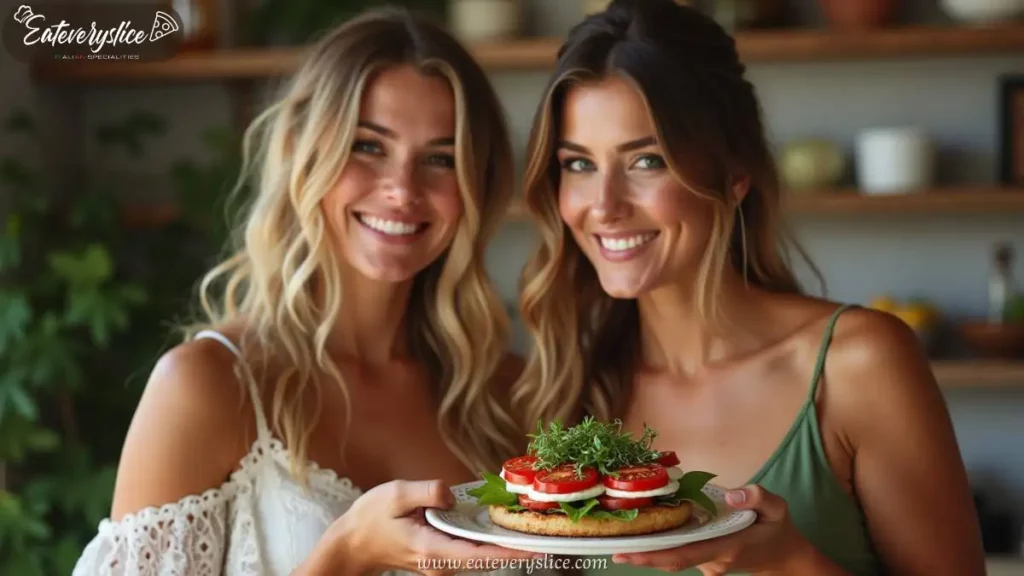 Two smiling women presenting a freshly made caprese torta recipe, an Italian-inspired dish topped with fresh tomatoes, mozzarella, basil, and microgreens, served on a golden crust.