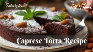 A rich, flourless Caprese Torta (Italian chocolate almond cake) dusted with powdered sugar, garnished with whole almonds and fresh mint leaves, with a slice being lifted to reveal its fudgy interior.