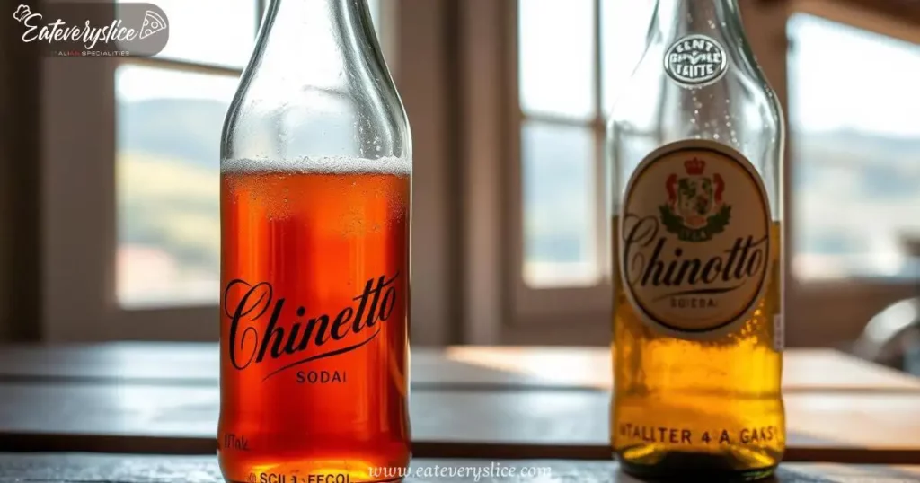 A crystal-clear glass bottle of chinotto soda with an amber hue, featuring a classic Italian label, placed on a rustic wooden table with Mediterranean sunlight streaming through a window.