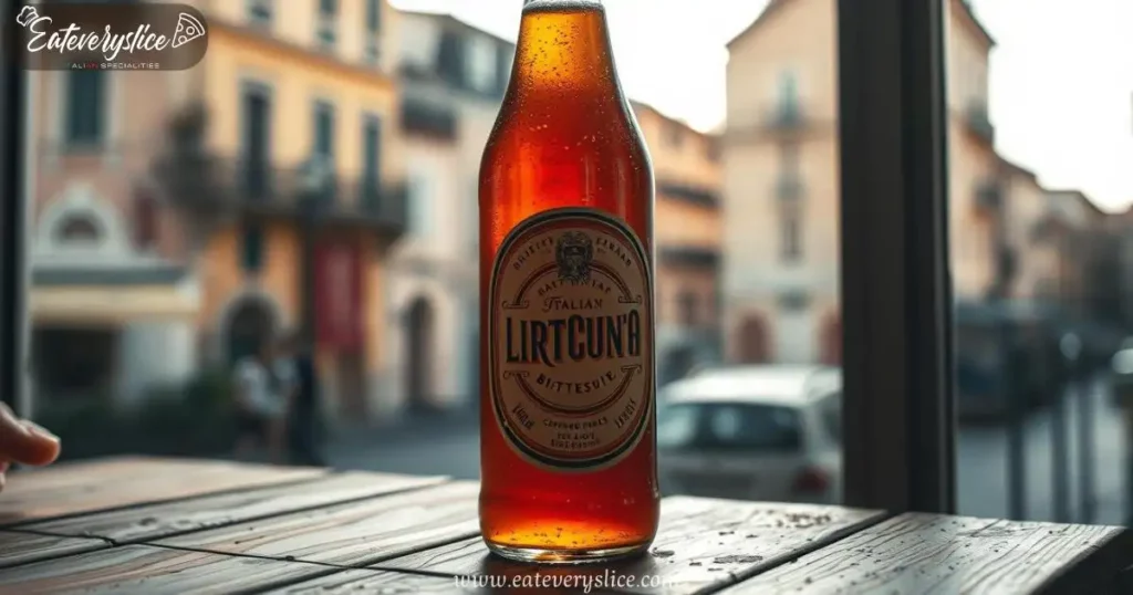 A glass bottle of chinotto soda with an amber hue sits on a rustic wooden table, illuminated by soft natural light, with a blurred Mediterranean cityscape in the background.