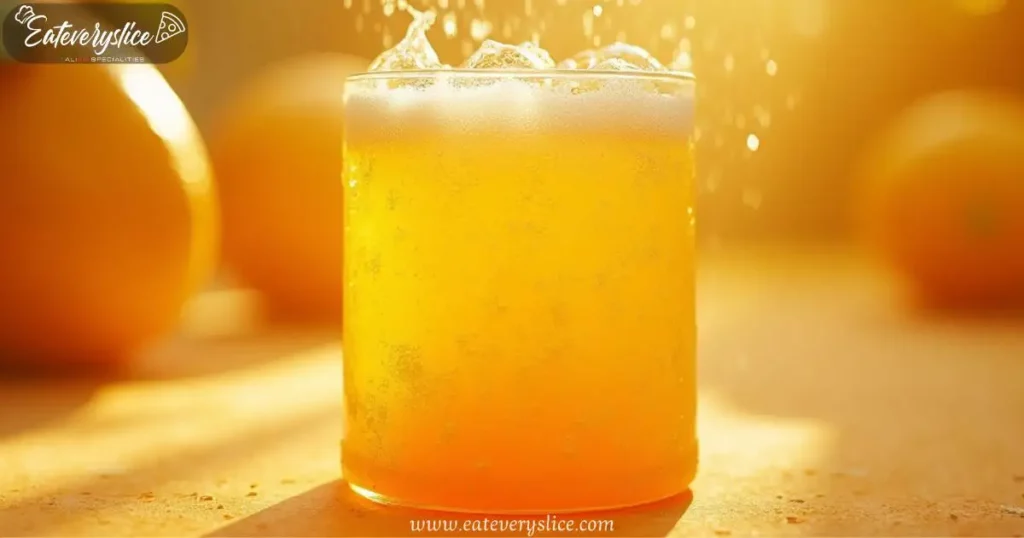 A freshly opened can of chinotto soda with golden-orange liquid and sparkling bubbles, illuminated by warm lighting in a clean, minimal setting.