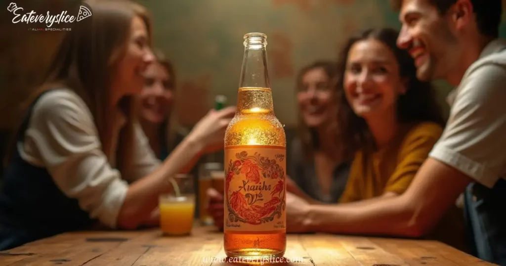 A vintage-style bottle of chinotto soda sits on a wooden table in a cozy Italian cafe, surrounded by happy people engaged in conversation.