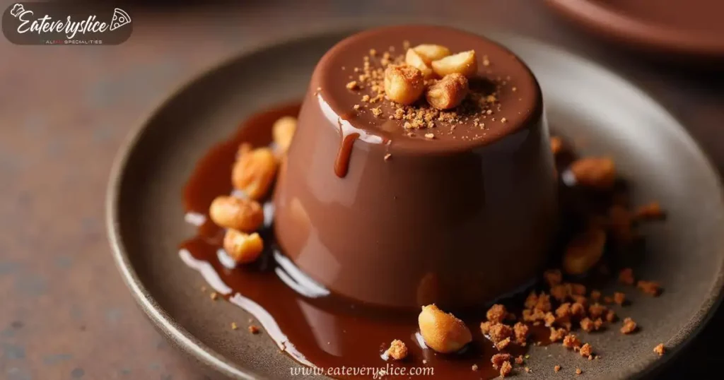 A rich and creamy chocolate panna cotta with a dark chocolate ganache base, topped with toasted hazelnut crumbs and caramel drizzle.