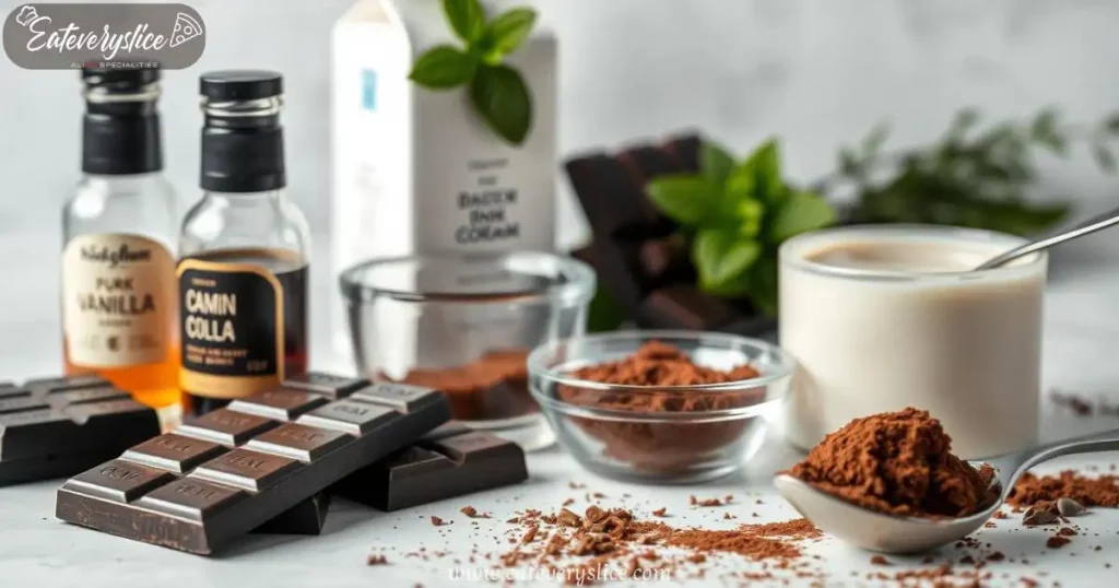 A neatly arranged still life of essential ingredients for classic chocolate panna cotta, featuring dark chocolate bars, cocoa powder, vanilla extract, heavy cream, and a glass ramekin, softly lit for a warm and inviting feel.